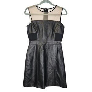 Wai Ming 2 Black Leather Perforated Sheath Dress Sheer Mesh Sleeveless Career